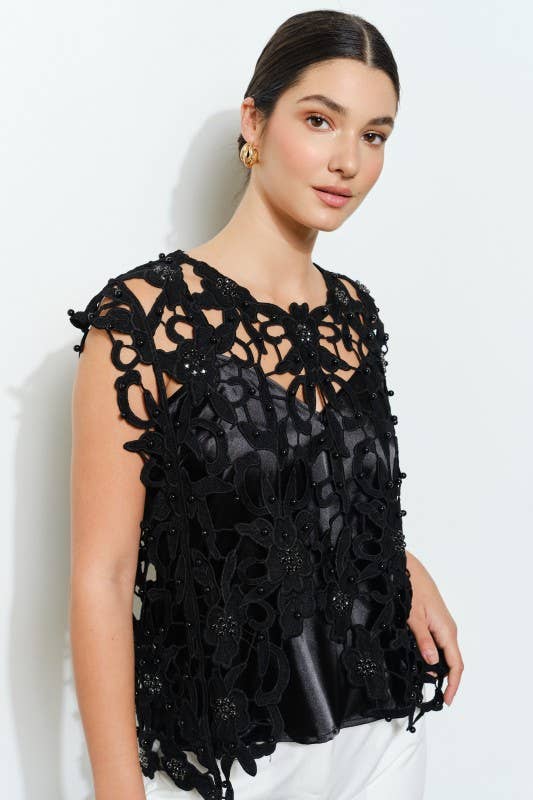Pearl Rhinestone Embellished Lace Cutout Top