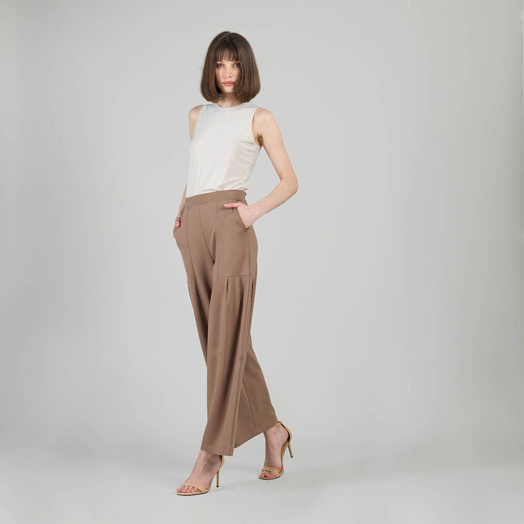 Rayon-Ponte Knit - Pleated Wide Leg Pocket Pant
