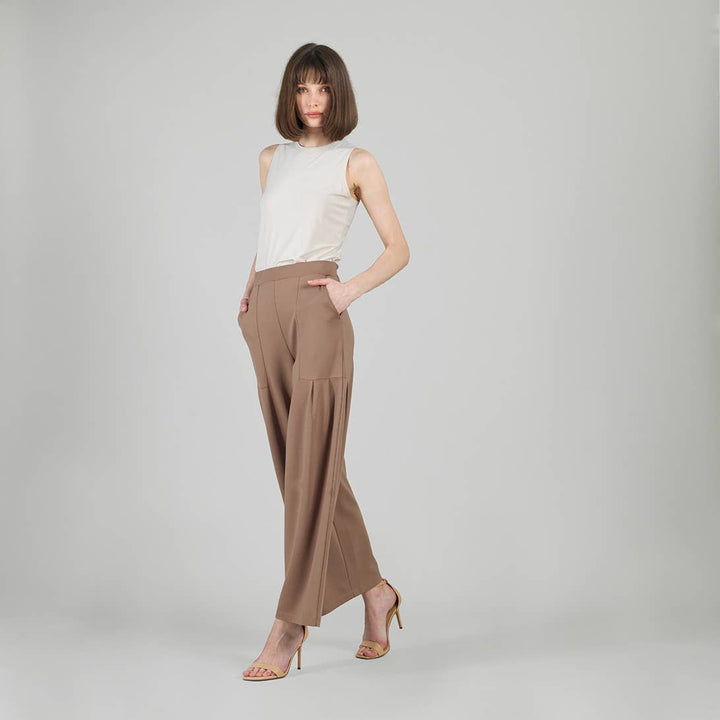 Rayon-Ponte Knit - Pleated Wide Leg Pocket Pant
