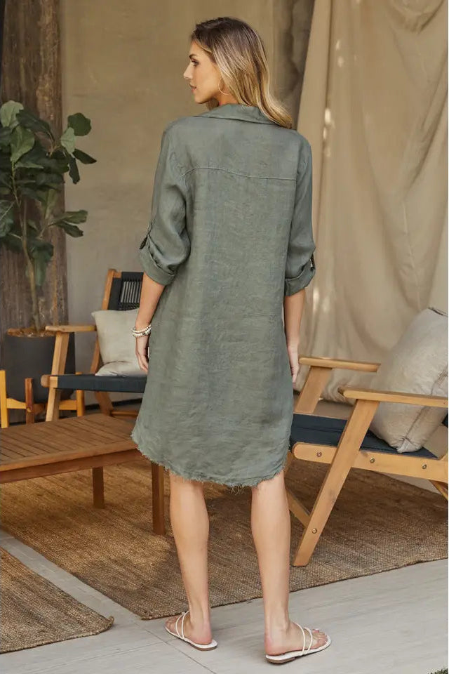 Linen Roll Tab Button Down Dress