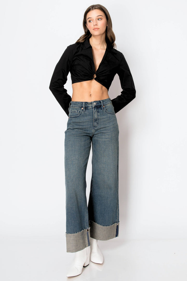 Tummy Control High Rise Cuffed Wide Leg Jean