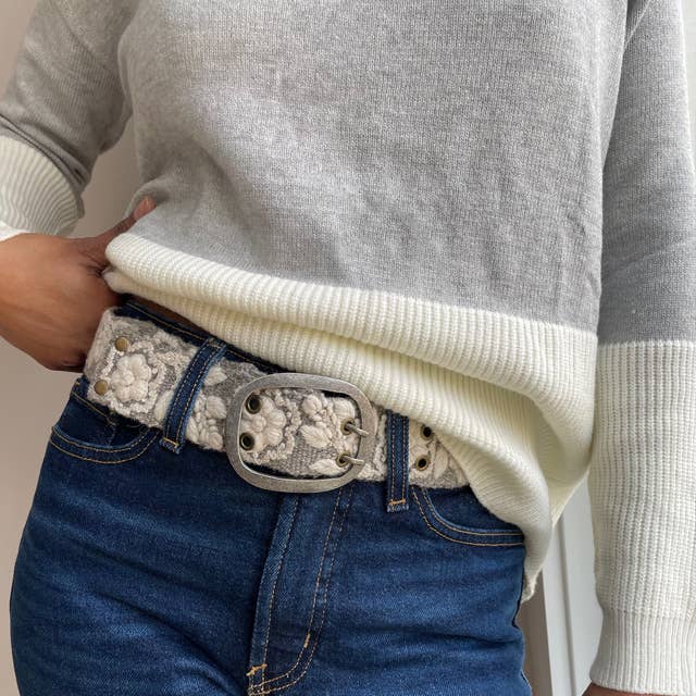 Heather and Cream Embroidered Wool Belt