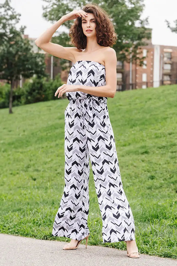 Tube Top Pocket Jumpsuit - Chevron Stripe