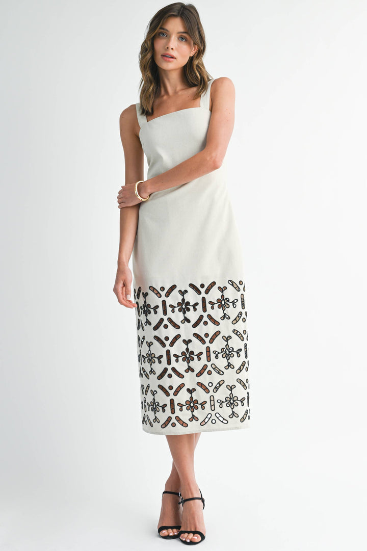 Belted Shift Dress with Embroidery