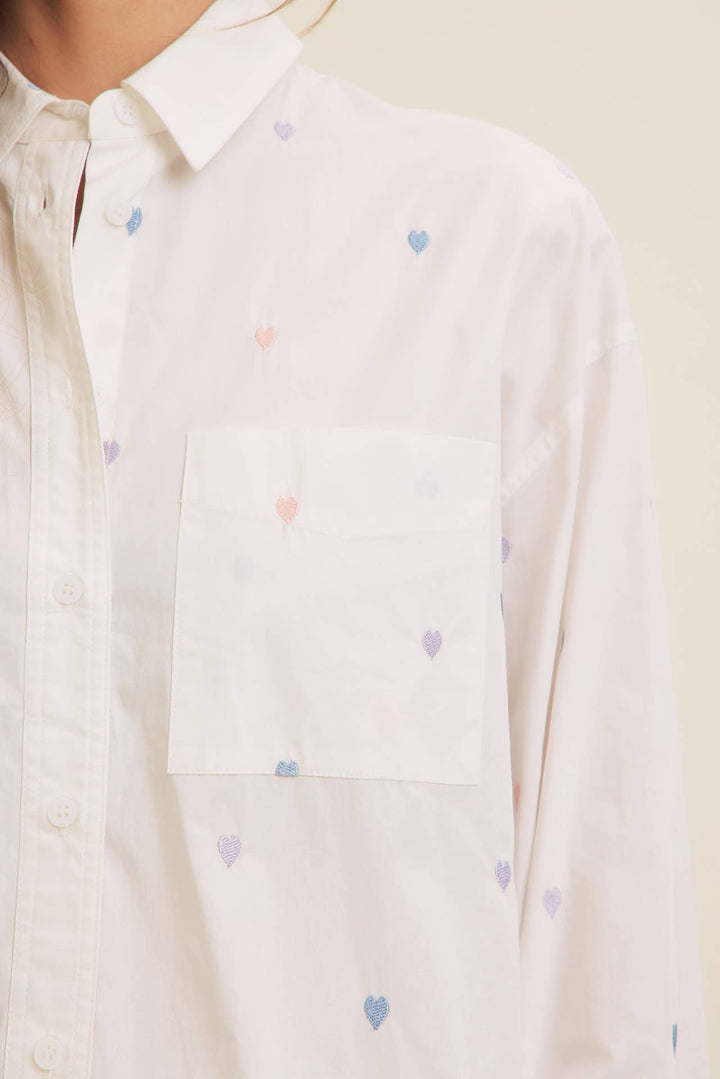 Full of Hearts Embroidery Button Down Long-Sleeved Shirt
