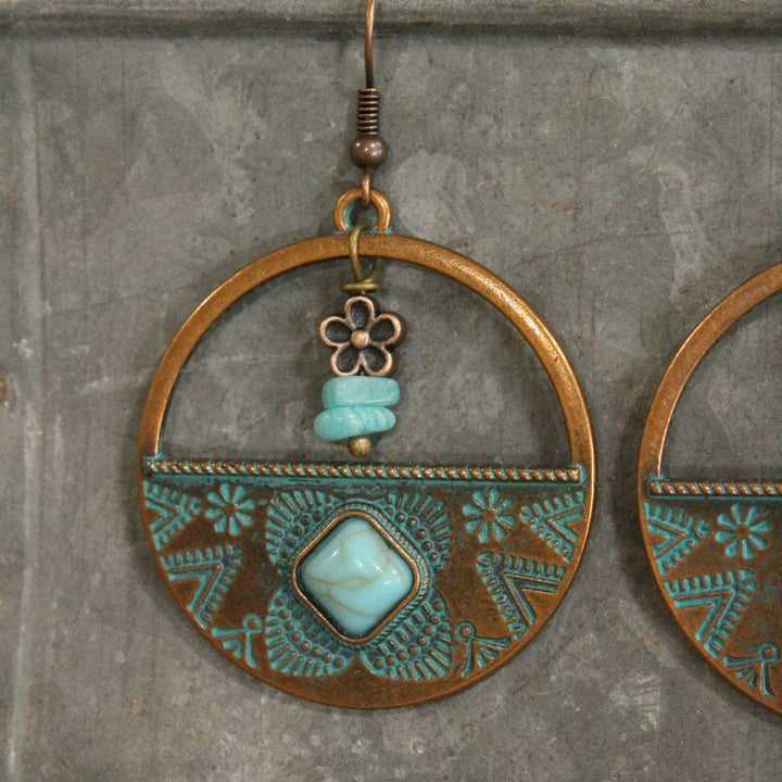 Verdigris Gypsy Turquoise Nugget Copper Hoop Earrings