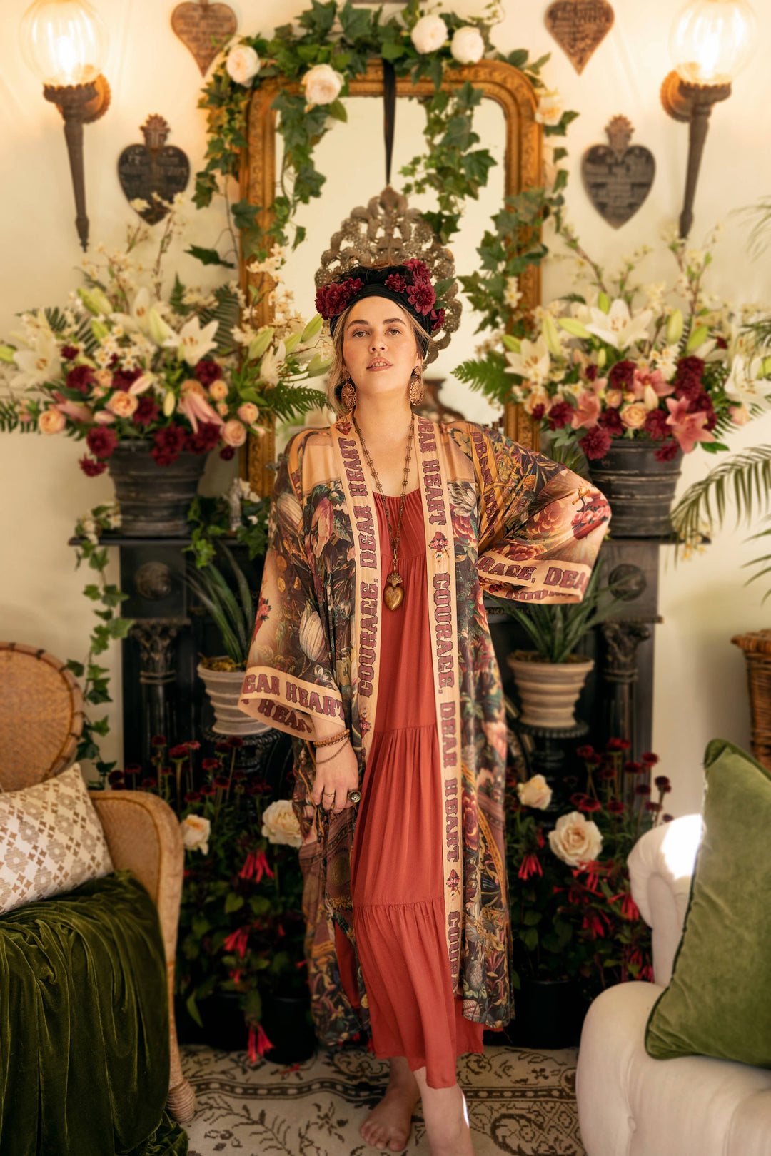 Courage Dear Heart Opera Duster Kimono Robe w/ Sacred Heart