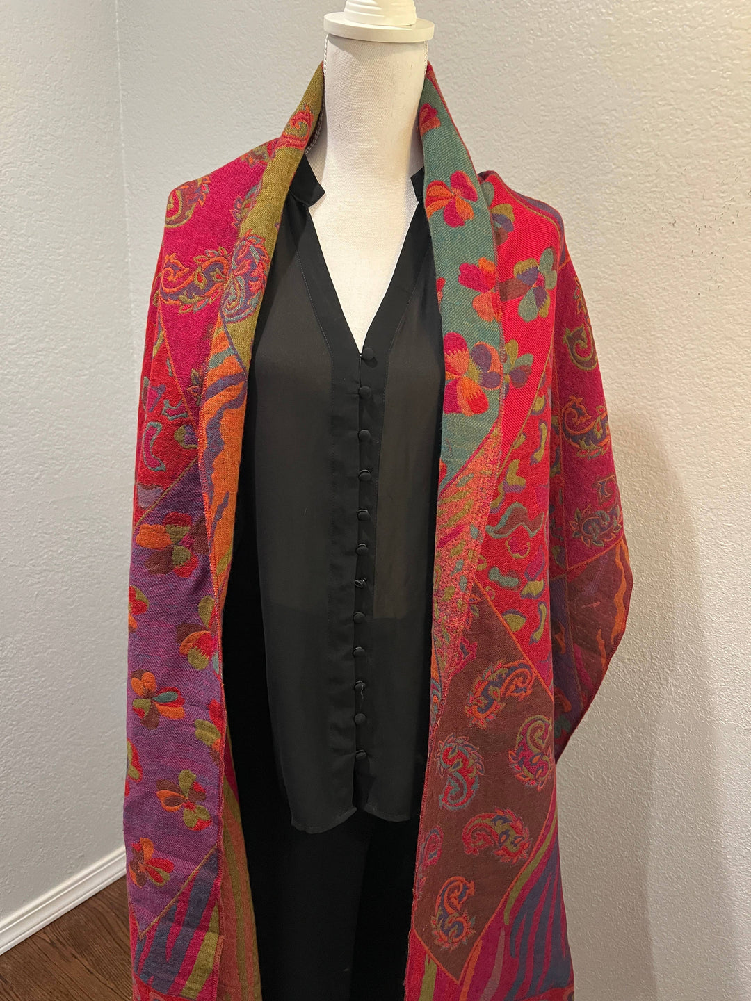 Reversible Merino Boiled Wool Shawl Fuchsia Multicolor