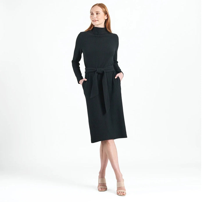 Ribbed Knit Sweater Dress with Belts and Pockets