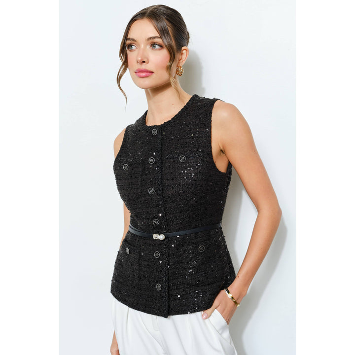 Belted Sequin Tweed Sleeveless Top