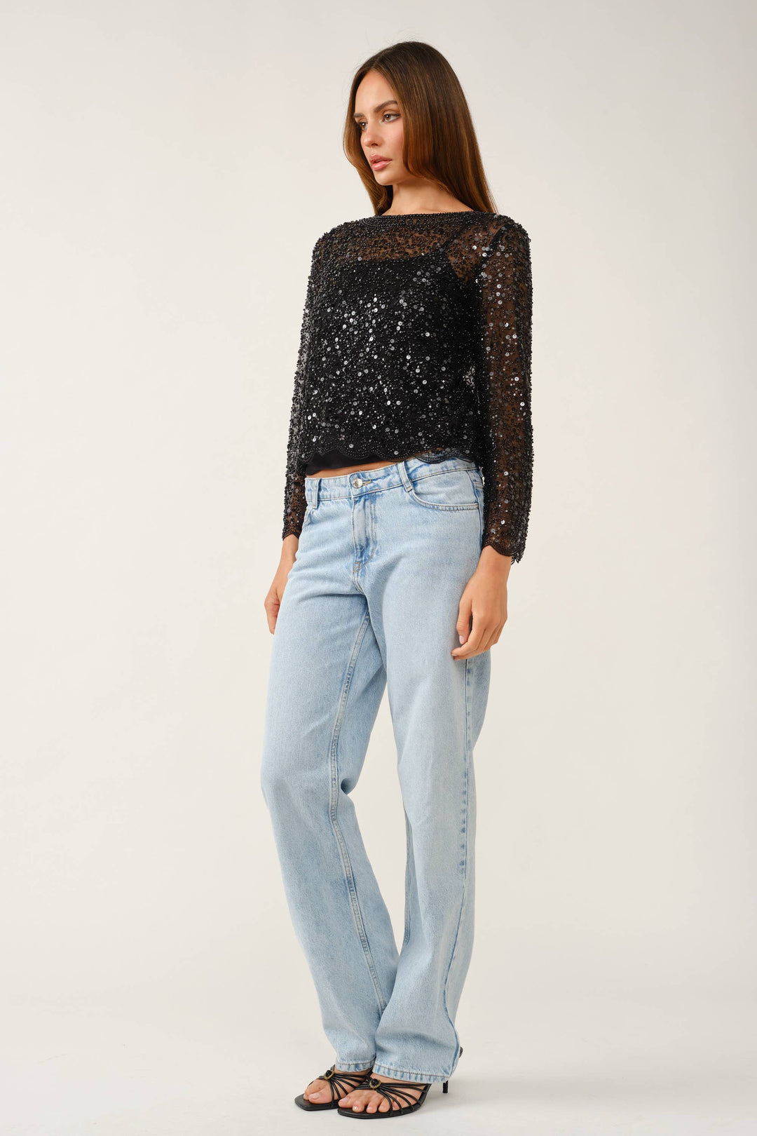 Fully Embellished Sequin & Pearl Scalloped Mesh Top