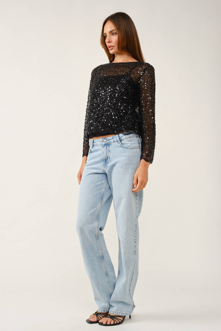 Fully Embellished Sequin & Pearl Scalloped Mesh Top