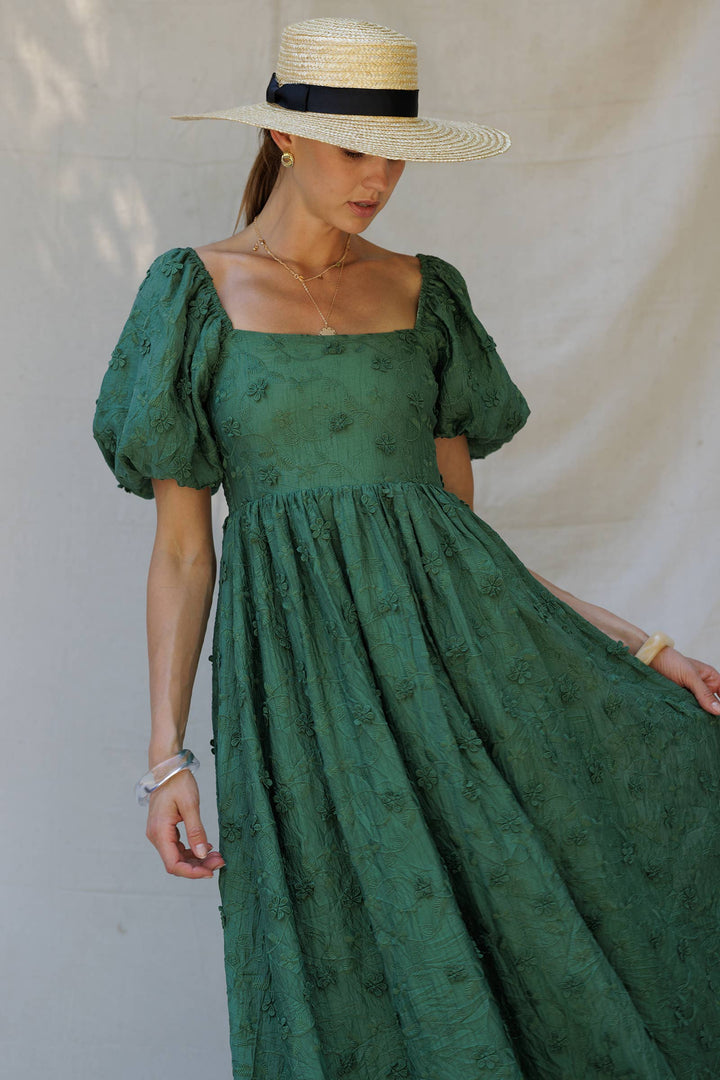 Embroidered Puff-Sleeve Midi Dress