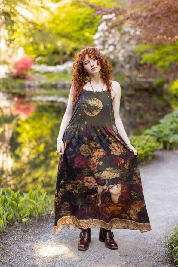 The Messenger Long Maxi Slip Dress w/ Joan of Arc & Florals