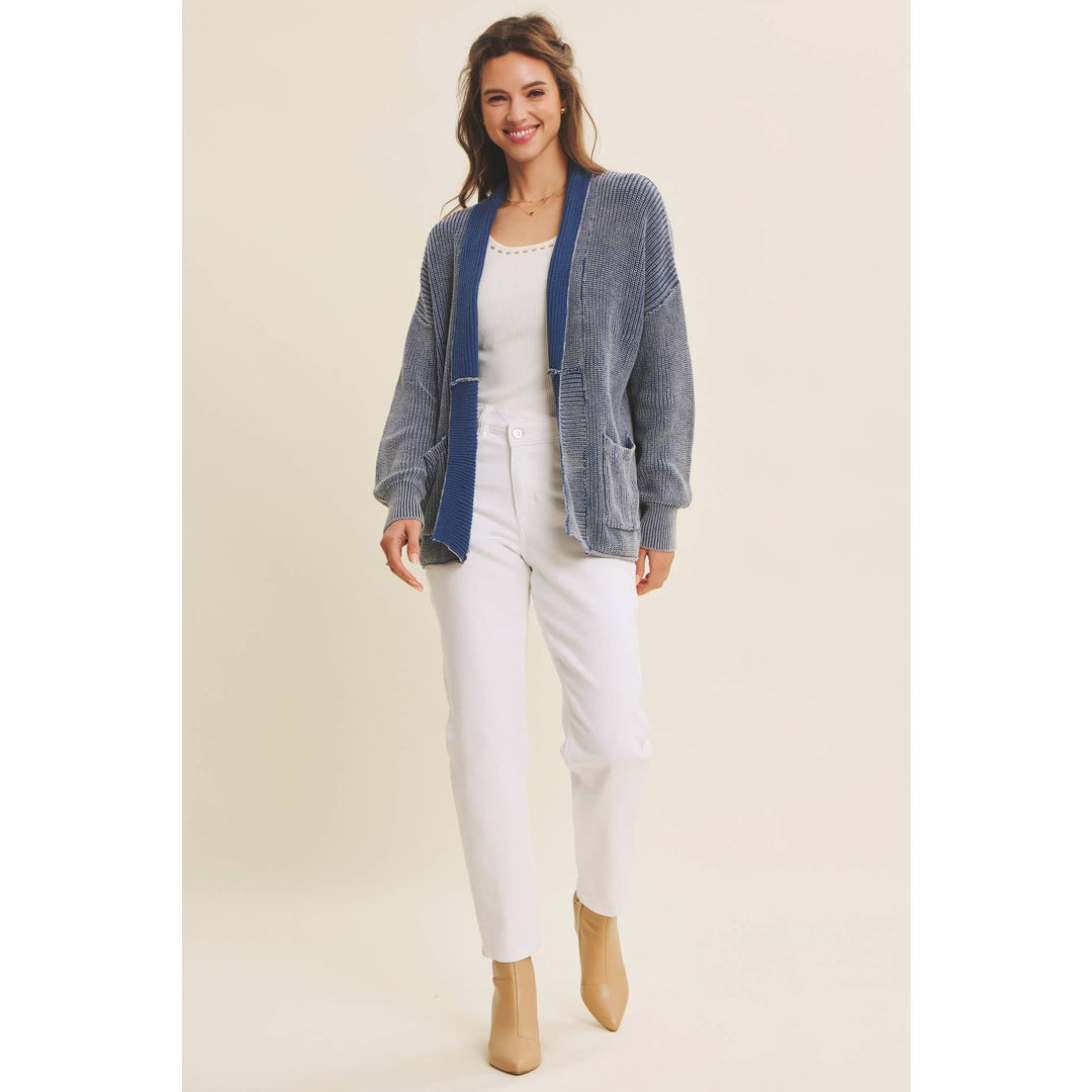 Mineral-Washed Open Front Cotton Sweater Cardigan