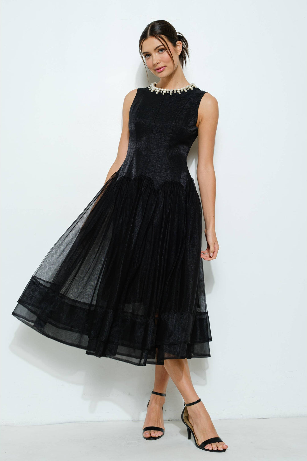 Pearl Embellished Sheer Tulle Midi Dress Black / Small / IDM12200-6 Pearl Embellished Sheer Tulle Midi Dress Black / Small / IDM12200-6