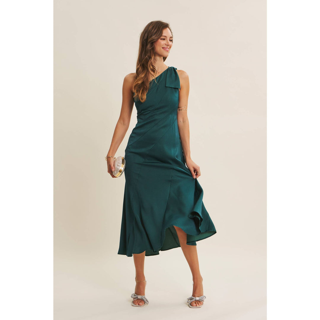 Holiday Glam One-Shoulder Midi Dress with Slanted Seamwork