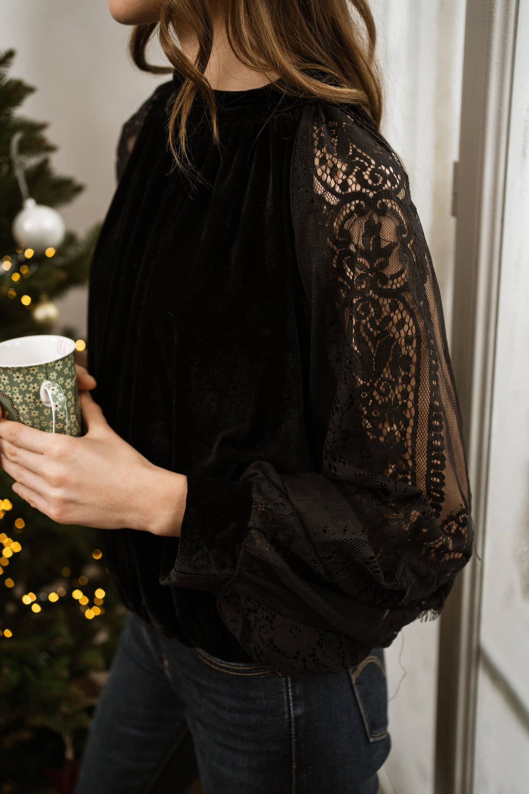 Two-material Velvet Blouse with Lace Sleeves