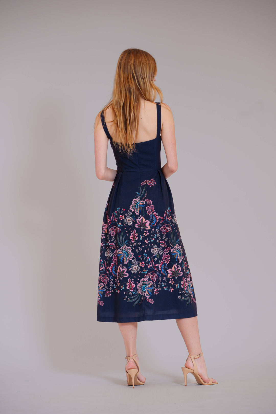 Square Neck Midi Dress w/Box Pleated Skirt