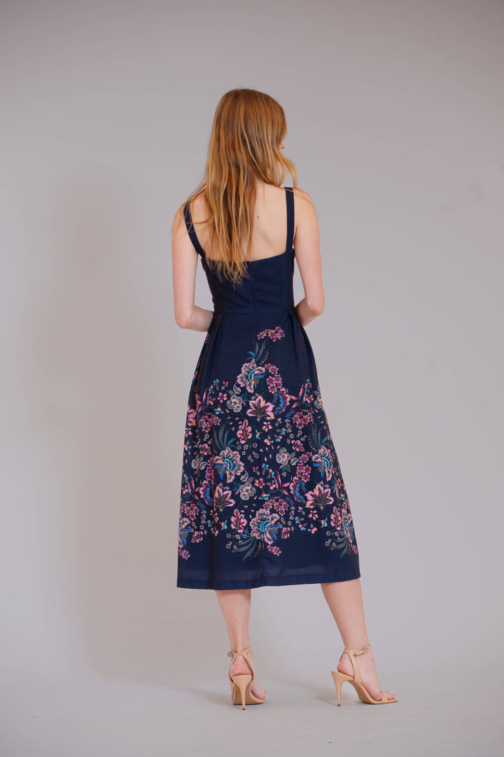 Square Neck Midi Dress w/Box Pleated Skirt