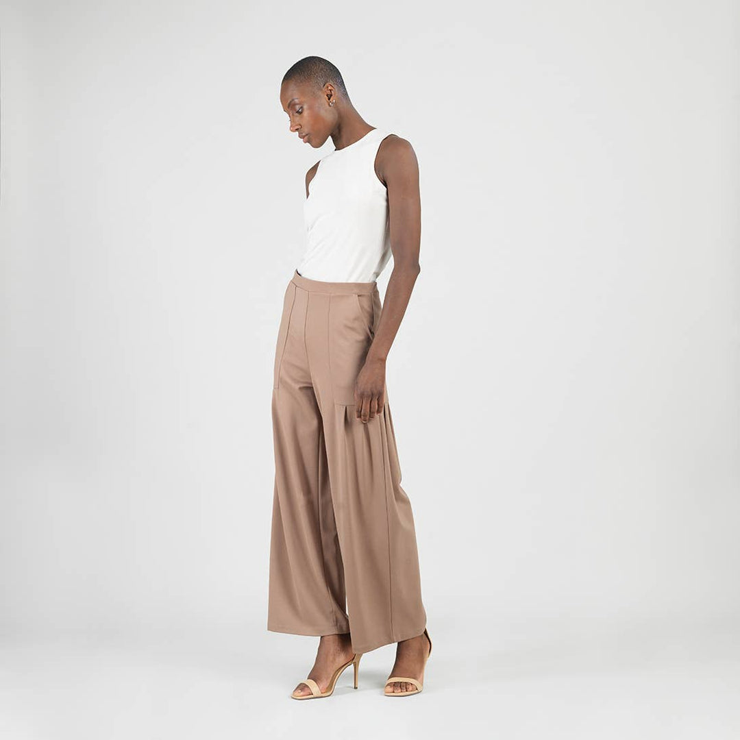 Rayon-Ponte Knit - Pleated Wide Leg Pocket Pant