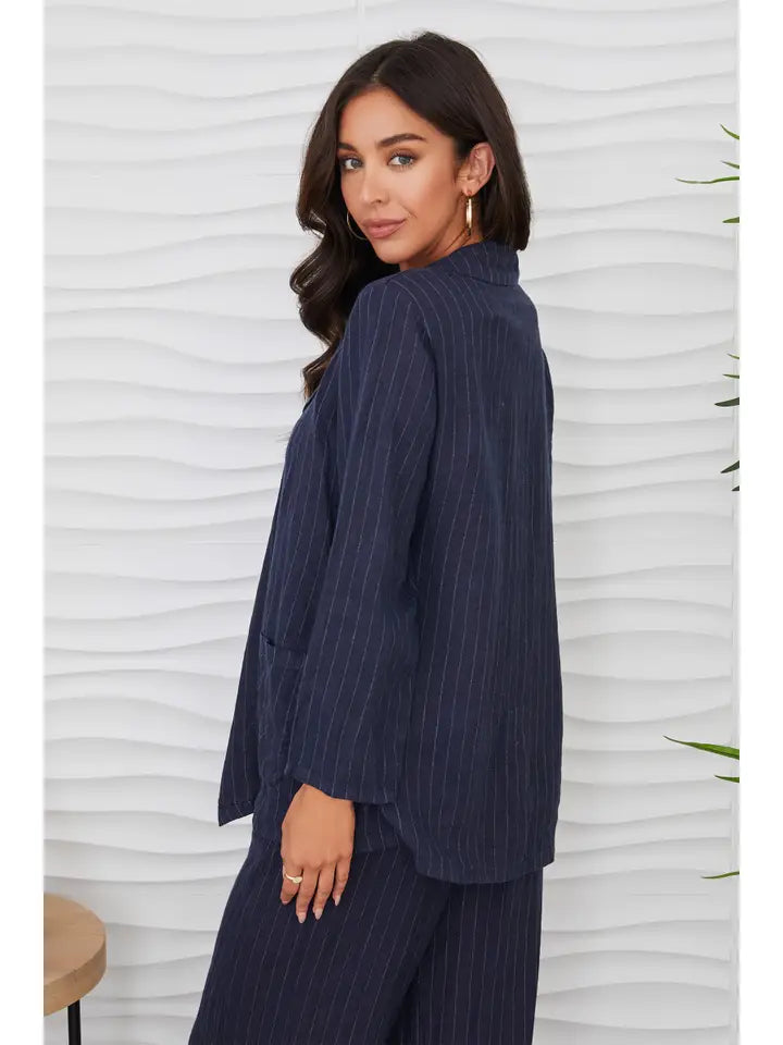 Pinstripe Linen Open Blazer