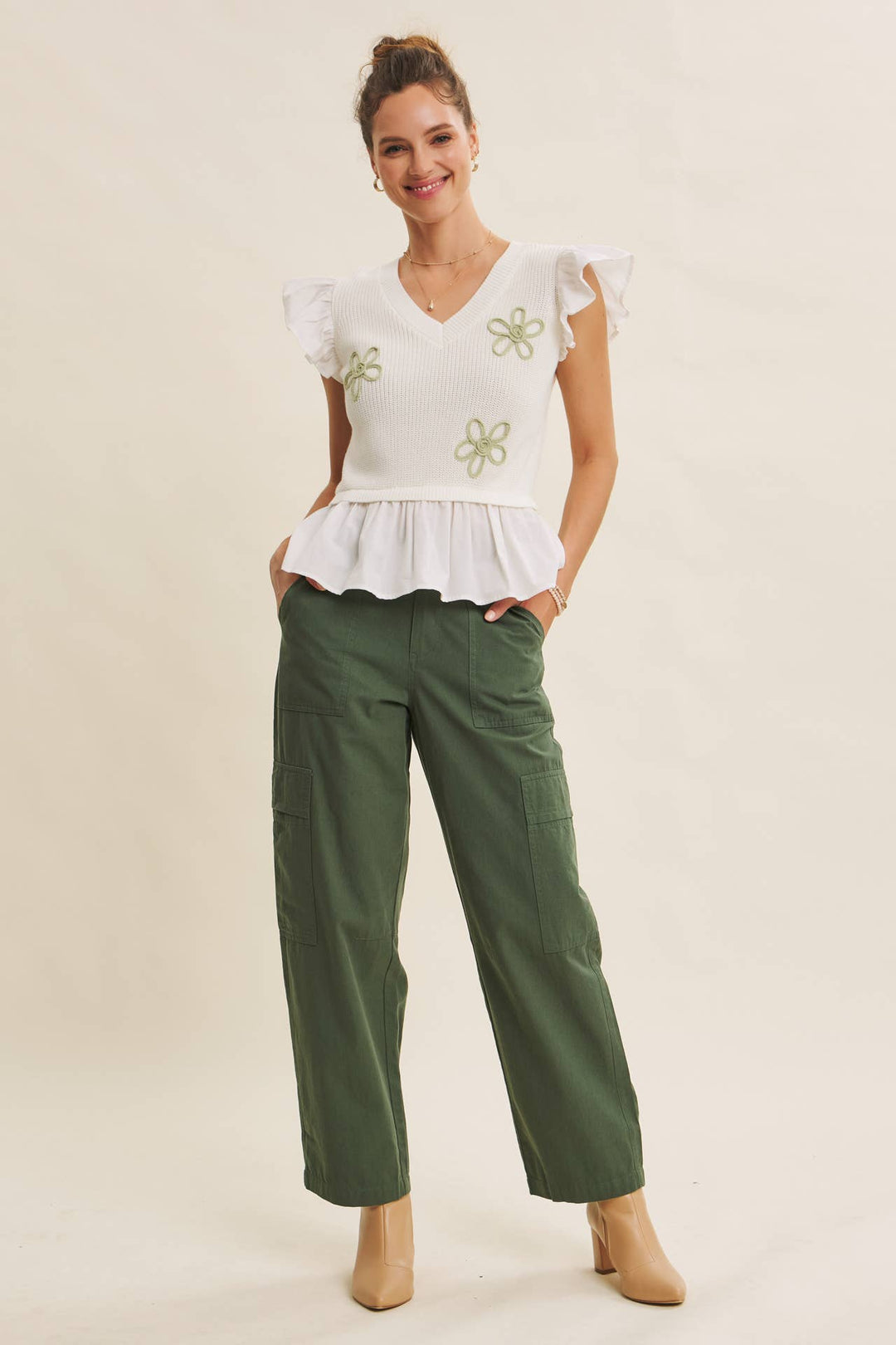 Easy to Love Embroidery Ruffle-Sleeve Mixed Sweater Top