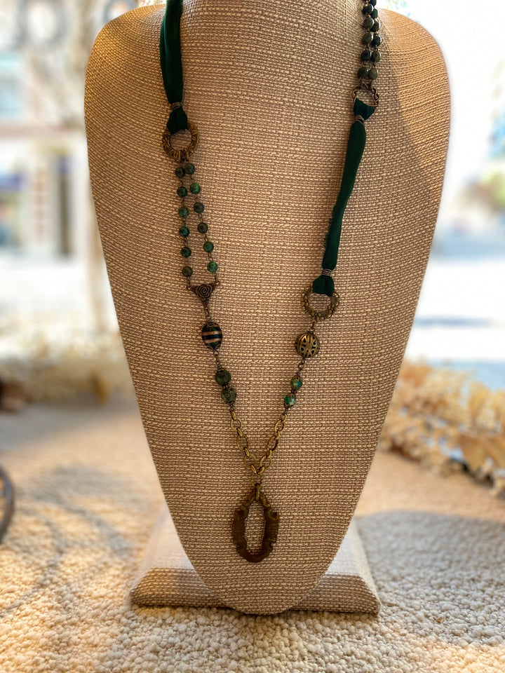 Dark Green Silk and Stone Necklace