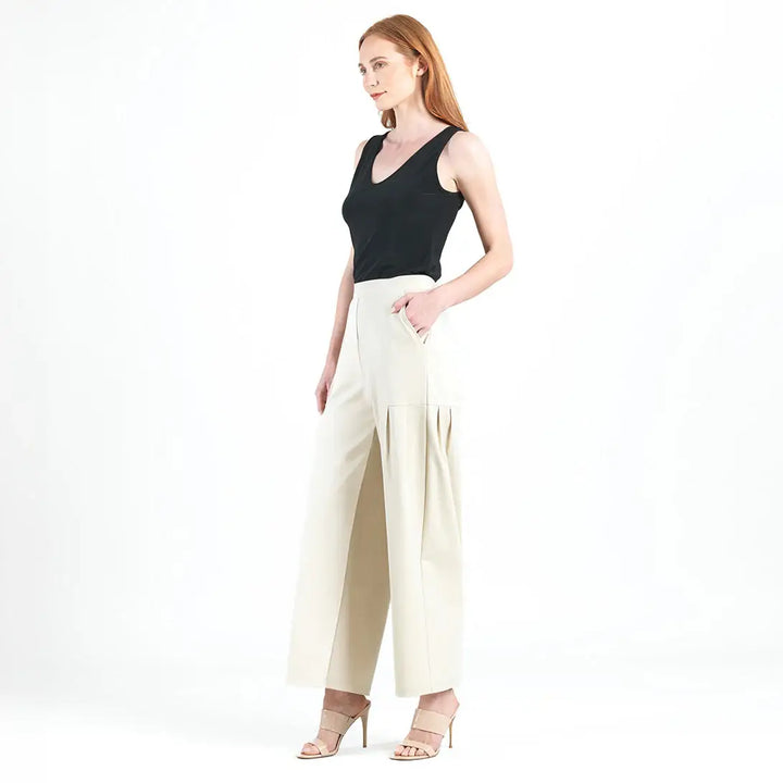 Rayon-Ponte Knit - Pleated Wide Leg Pocket Pant