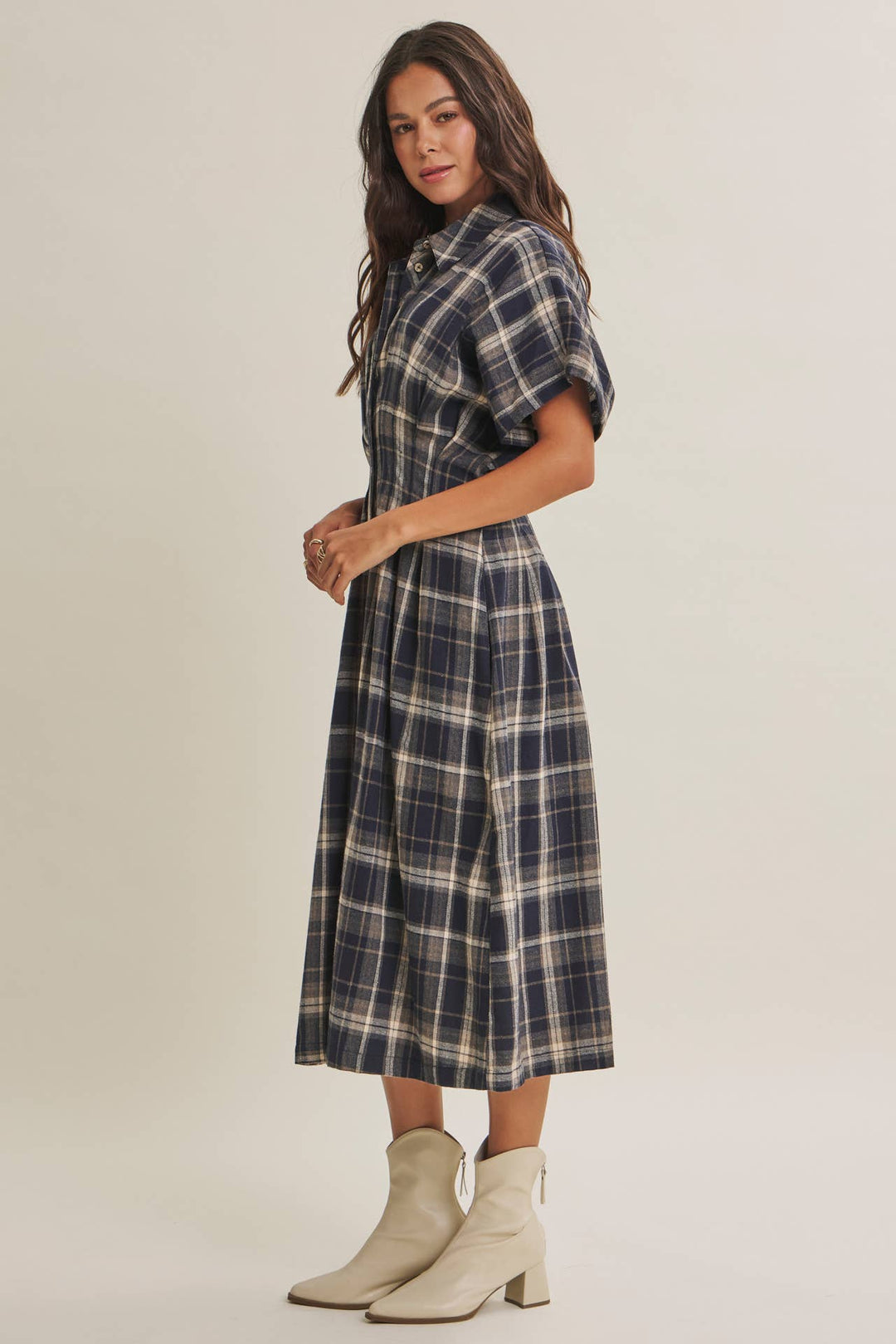 Rustic Pathway Pin-Tucked Waist Plaid Transition Dress