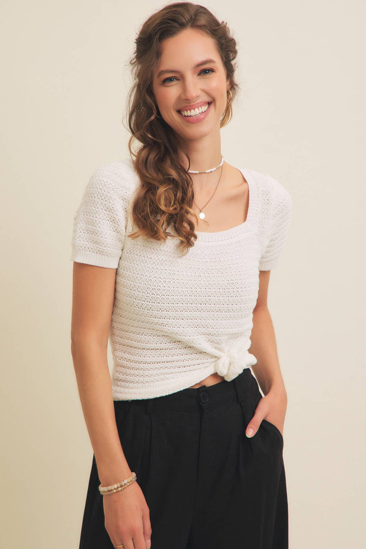 Square Neck Cotton Sweater with Special Weaving
