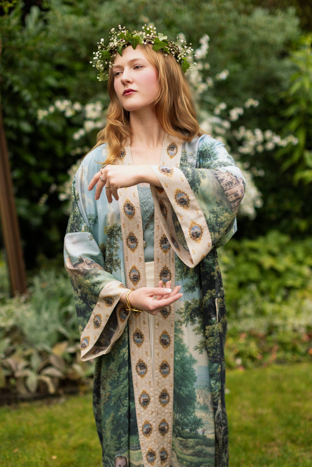 The Mythmaker Opera Duster w/ pastoral landscape & unicorn