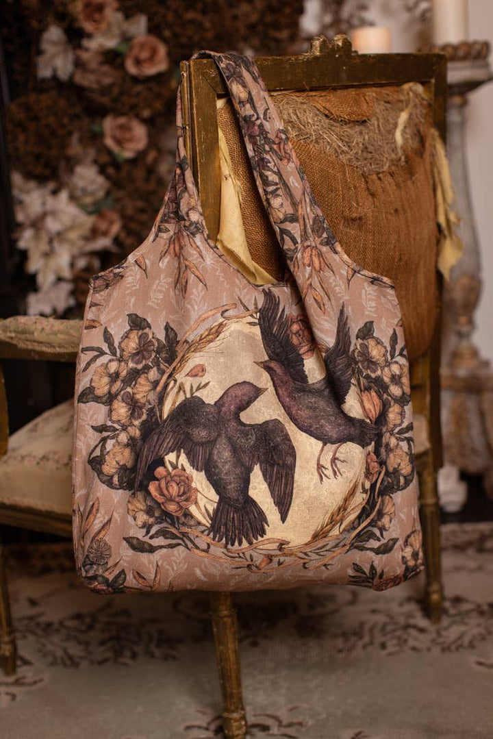 Momento Linen Tote Bag w/ Starling, Skull & Floral Print