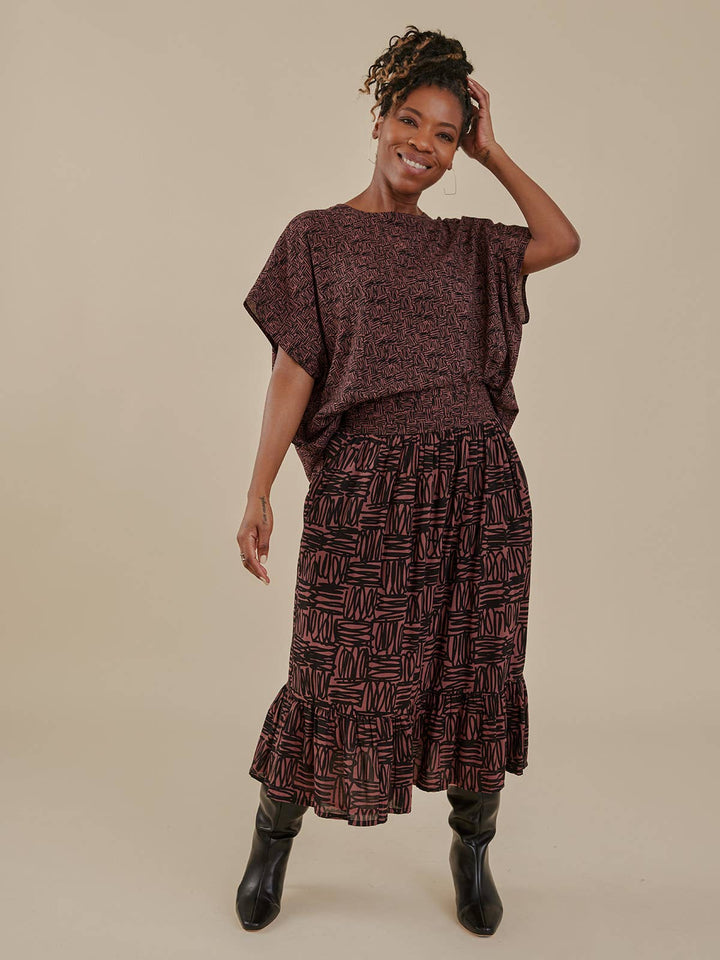 Taylor Drop Shoulder Top Mocha Scribble Modal