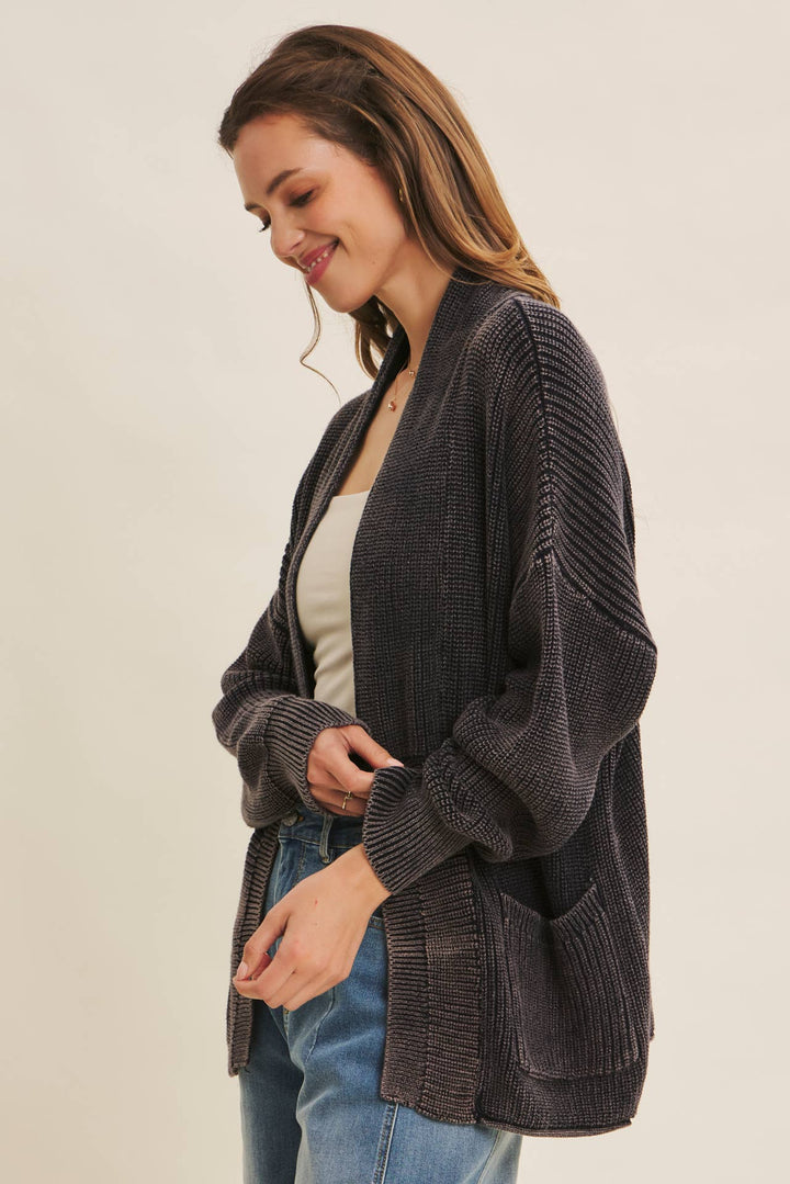 Mineral-Washed Open Front Cotton Sweater Cardigan