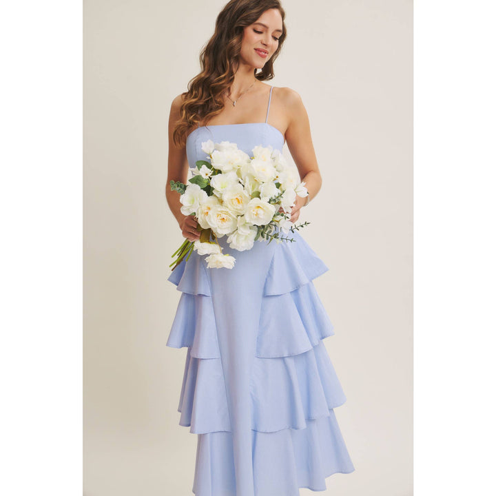 Clean Lines Meets Playful Side-Tiered Ruffle Maxi Dress