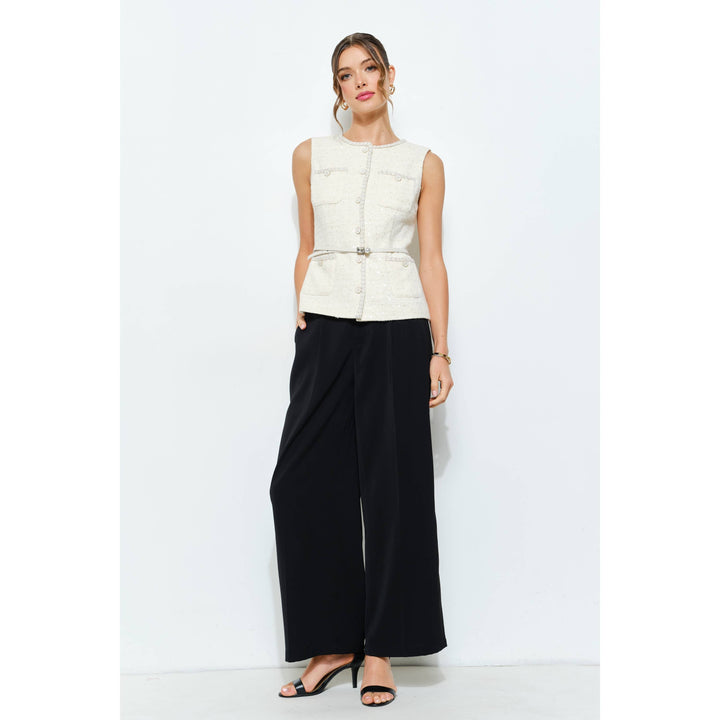 Belted Sequin Tweed Sleeveless Top
