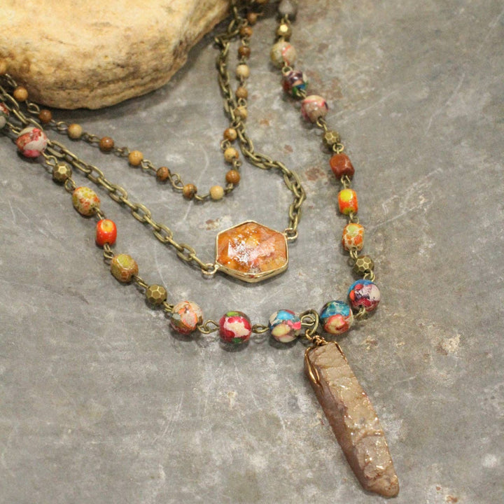 Bohemian Layered Rusty Orange Stone & Crystal Necklace