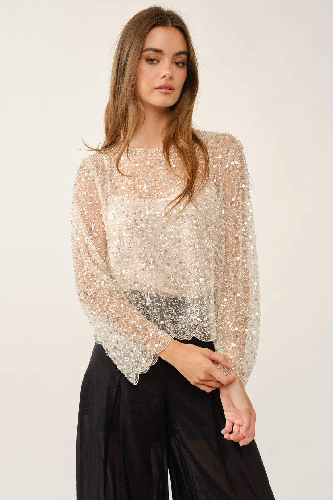 Fully Embellished Sequin & Pearl Scalloped Mesh Top