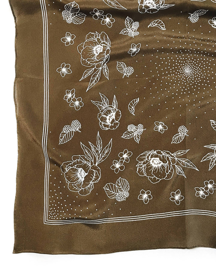 100% Silk Bandana Scarf - Classic Deep Olive Floral