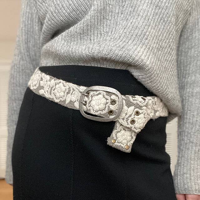 Heather and Cream Embroidered Wool Belt