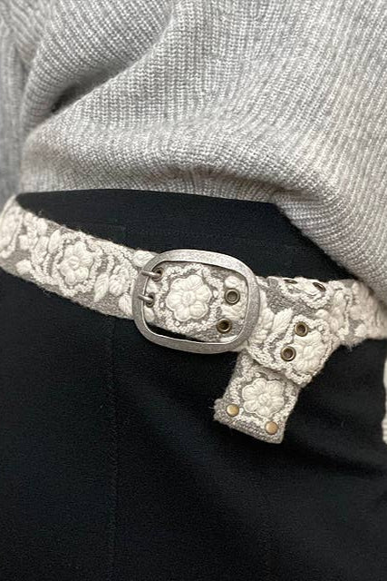 Two-Tone Embroidered Wool Belt, Heather/Cream
