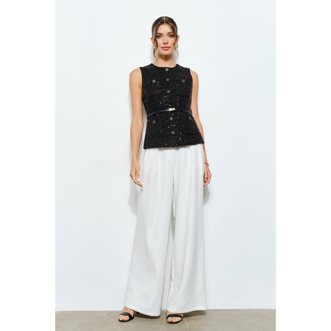 Belted Sequin Tweed Sleeveless Top