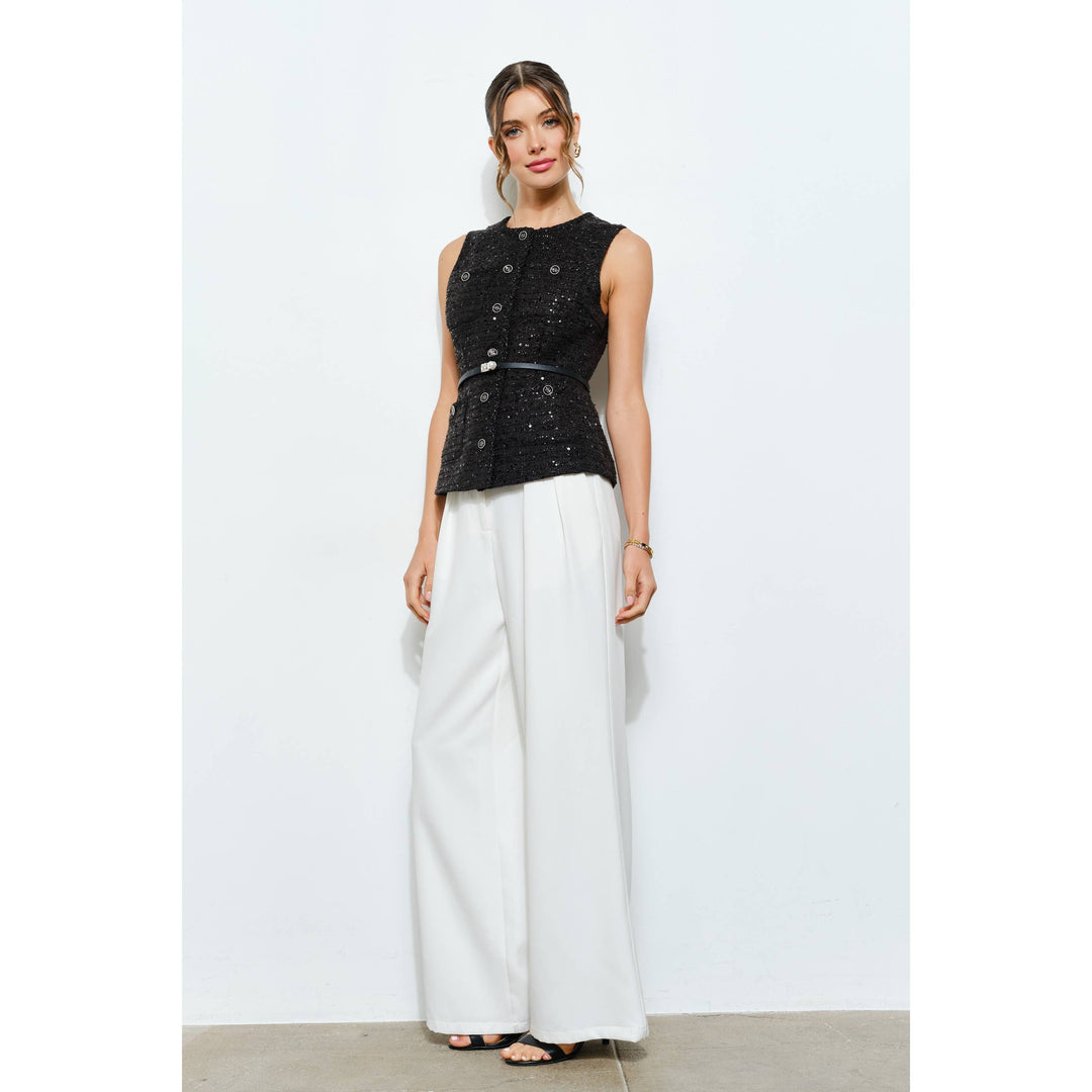 Belted Sequin Tweed Sleeveless Top