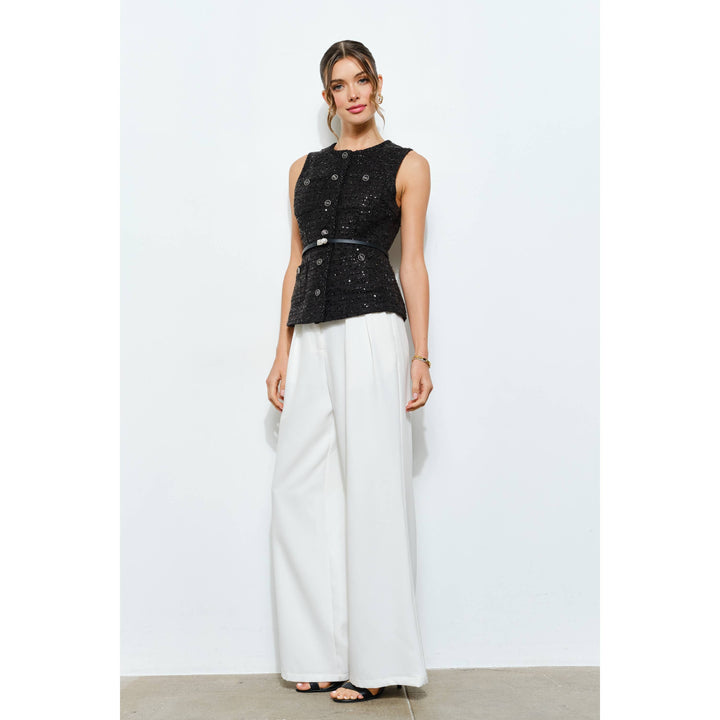 Belted Sequin Tweed Sleeveless Top