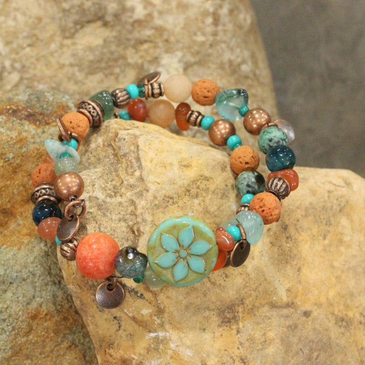 Turquoise Flower Coin Bead Wrap Bracelet