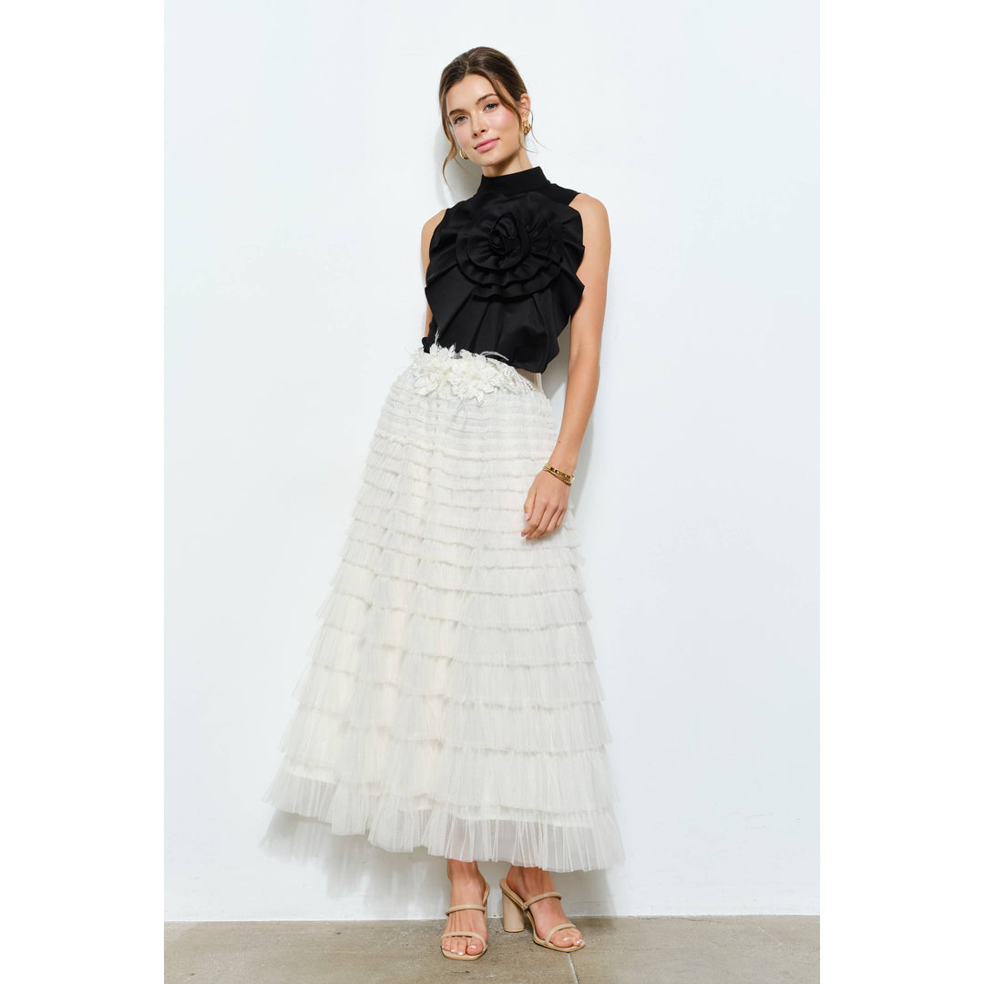 Floral Applique Pleated High-Neck Top