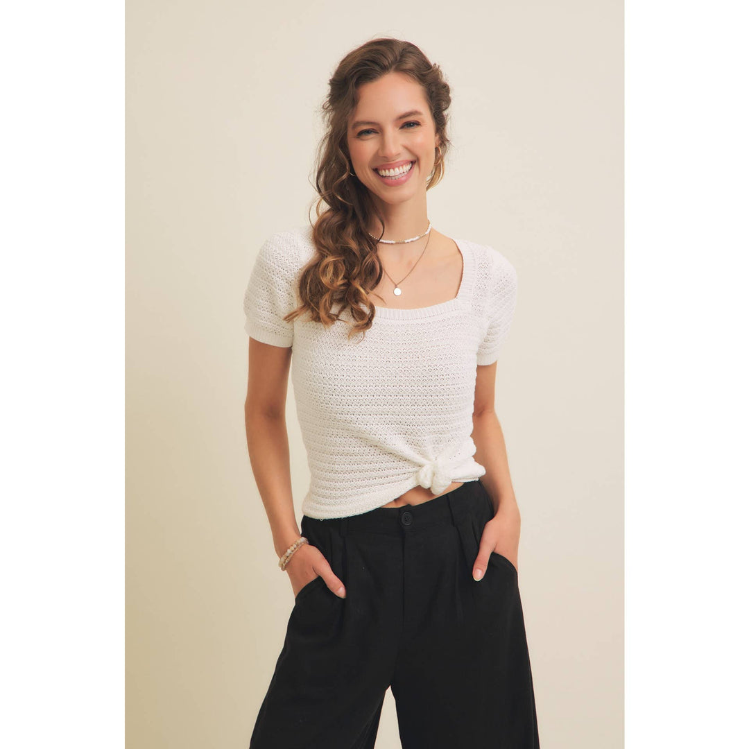 Square Neck Cotton Sweater with Special Weaving