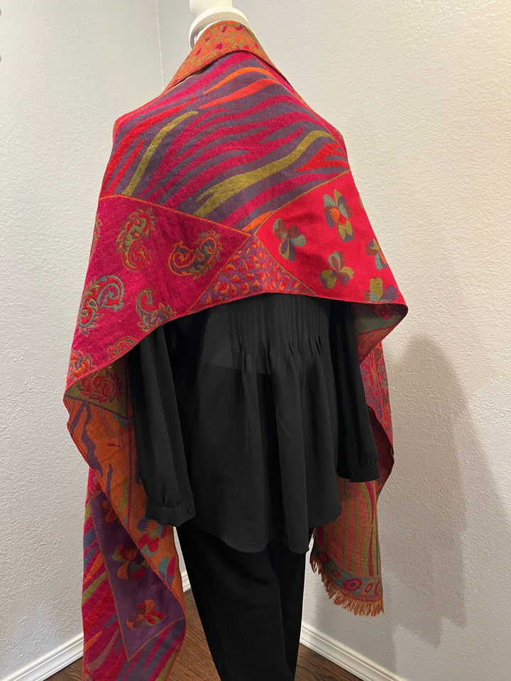 Reversible Merino Boiled Wool Shawl Fuchsia Multicolor