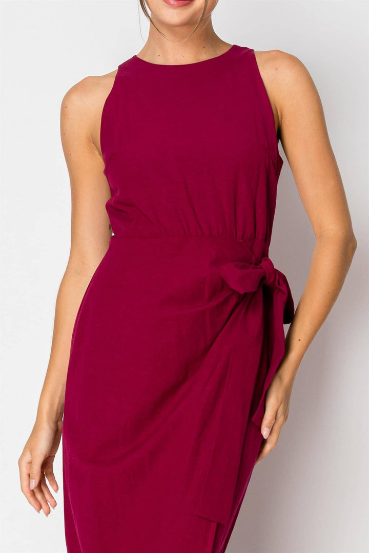 Sleeveless Round Neck Tie-Front Draped Midi Dress
